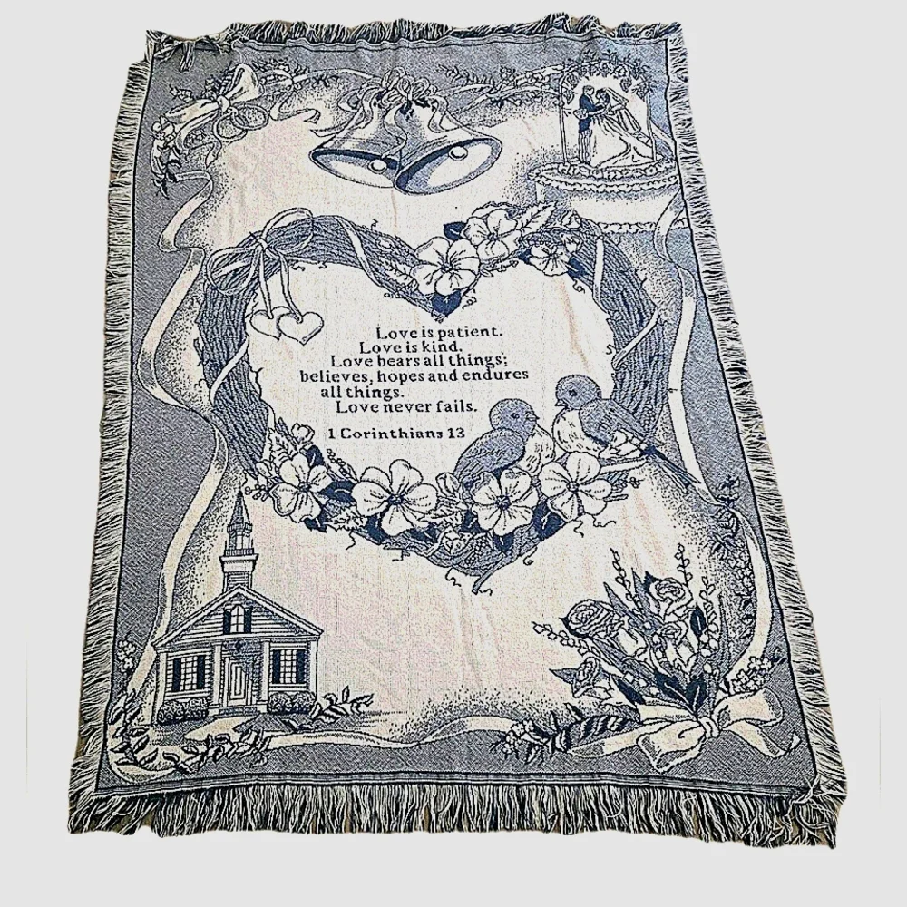 Blue and White Woven Wedding Throw Frindged Textile